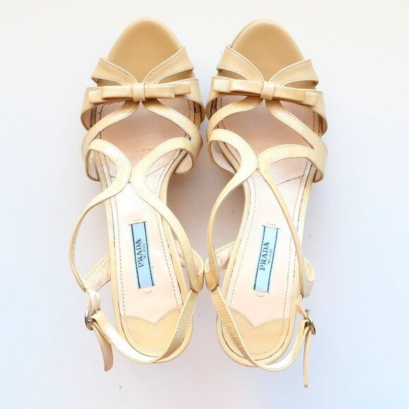 Prada Pale Yellow Patent Leather Strappy Platform Heels Sandals w Bow Size 7.5 - Picture 4 of 16